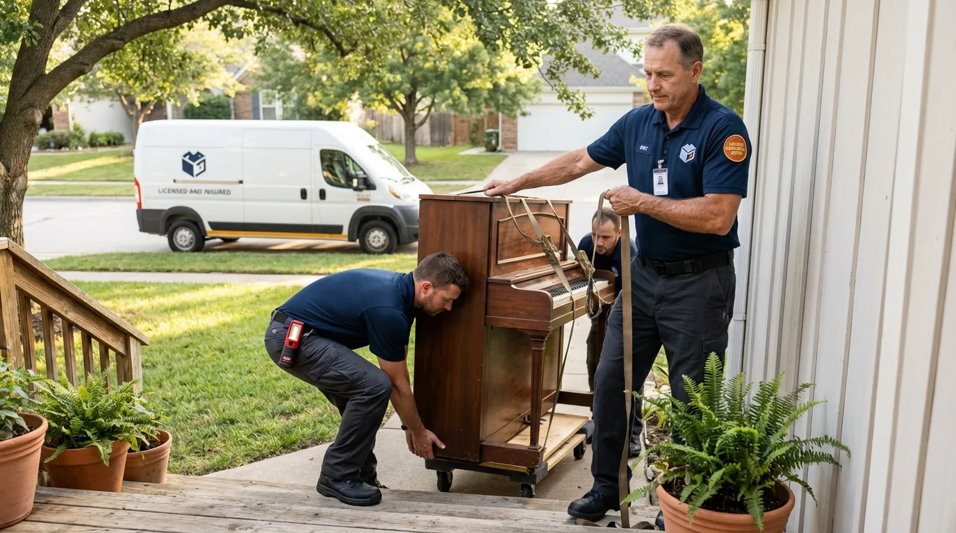 Licensed piano movers securing grand piano in Cheyenne, OK