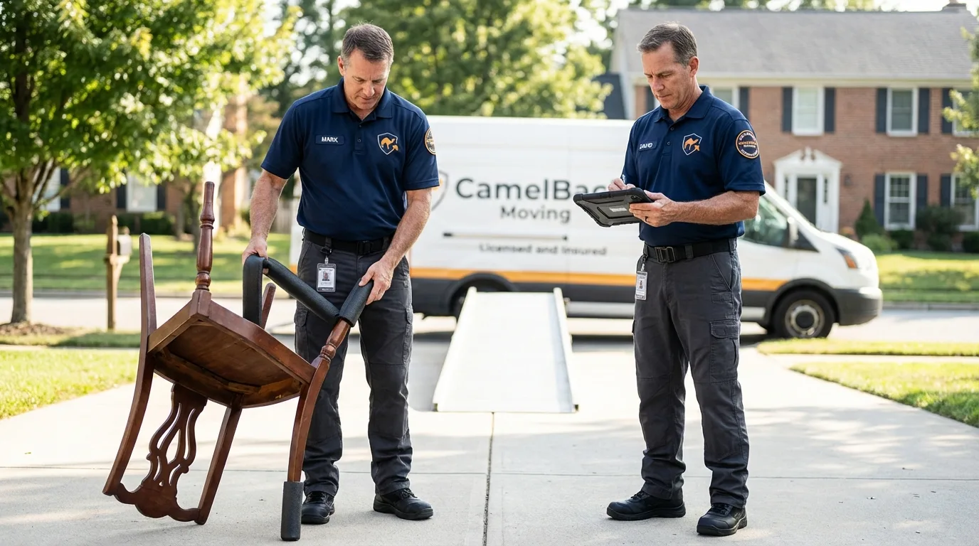 Movers inspecting furniture for damage prevention before loading in Cheyenne, OK