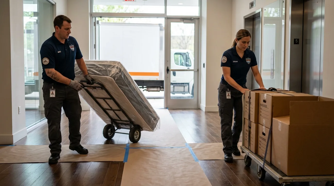 Professional apartment movers loading elevator in Cheyenne, OK