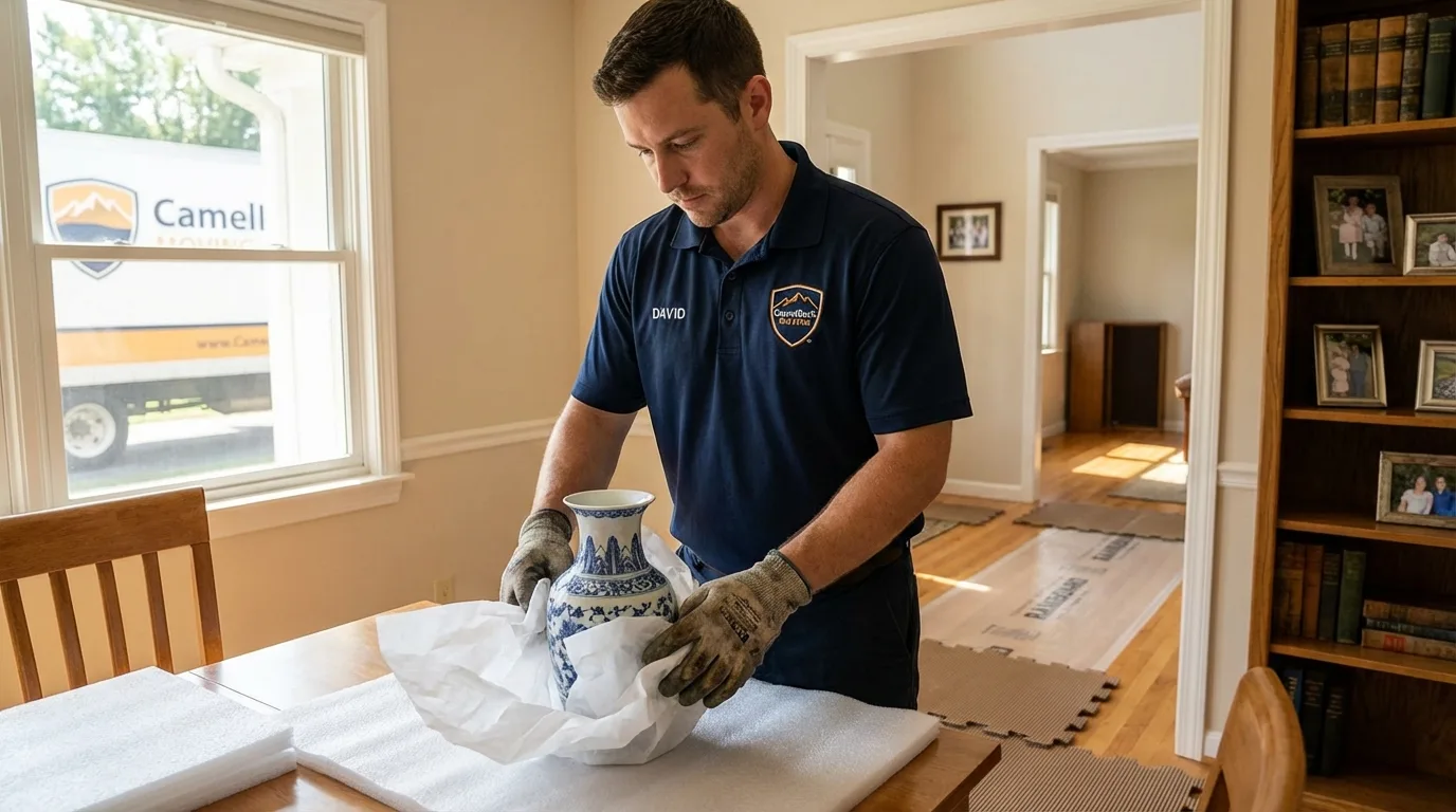 Professional crew carefully wrapping antique vase for senior downsizing move in Cheyenne, OK